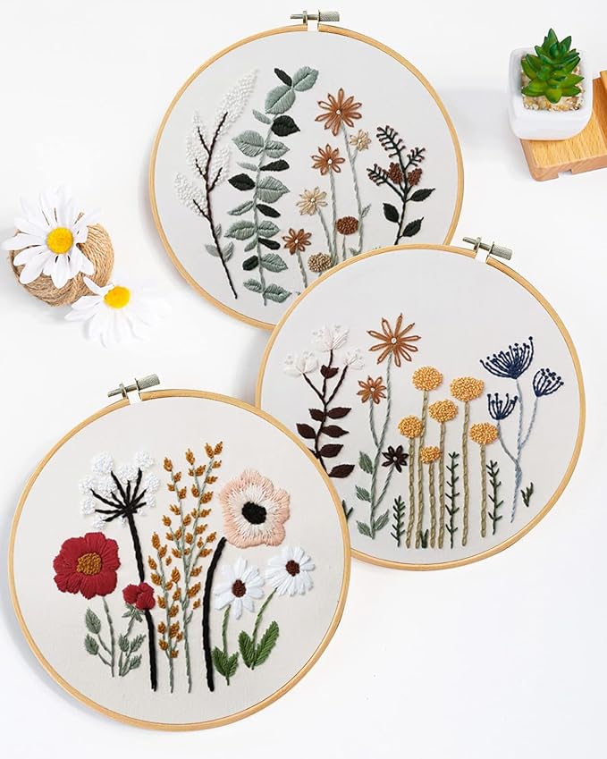 Santune 3 Sets Embroidery Kit,Cross Stitch Kits for Beginners,Needlepoint Kits for Adults with Easy Floral Pattern Hand Crafts,Hoop,Needle,Mothers Day Gifts