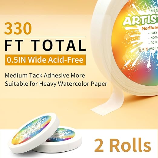 2 Packs White Art Tape Medium Tack Artist Masking Tape Paper Acid Free Tape Watercolor Painters Tape Artists Tape for Drafting Art Watercolor Painting Canvas Framing, 0.5 inch Wide 330FT Long