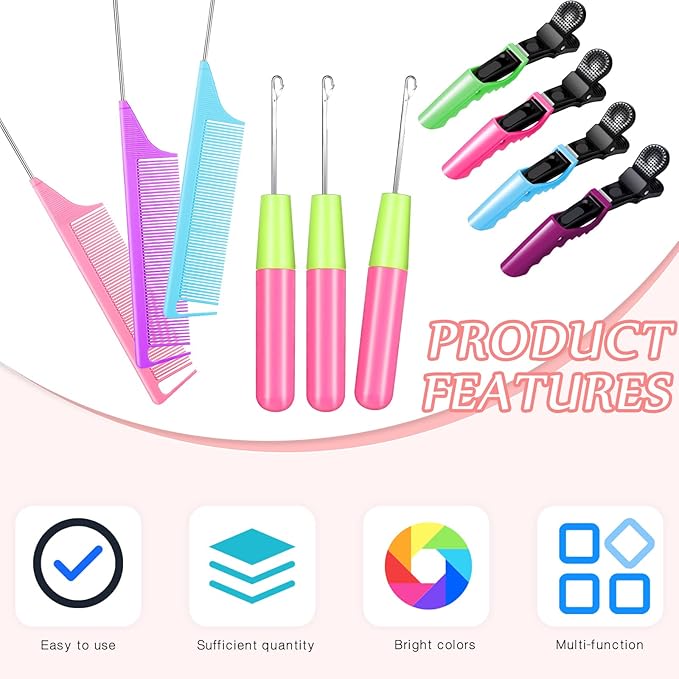 10 Pieces Latch Hook Crochet Needle Comb Hair Clip Set Include 3 Pieces Stainless Steel Crochet Needle 4 Pieces Alligator Hair Clip 3 Pieces Rat Tail Comb for Hair Extension