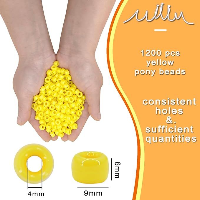 MIIIM 1200PCS 6x9mm Yellow Pony Beads Bulk, Kandi Beads for Bracelets Making Kit, Hair Braids Crafts for Jewelry Making (Bright Yellow)