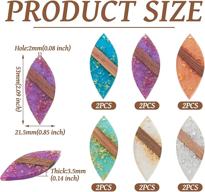 Beadthoven Leaf Natural Wood Earring Charms, 12Pcs/6 Pairs Colorful Clear Leaves Resin Charms with Gold Foil for DIY Dangle Wooden Earring Making Supplies