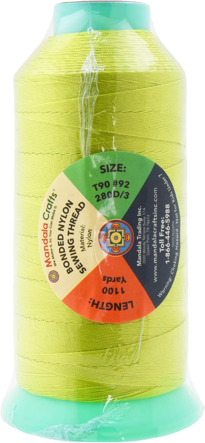 Mandala Crafts Size 92 280D T90 Bonded Nylon Thread - Lime Green 1100 YDs Tex 90 Heavy Duty Sewing Threads for Leather, Jeans, Weaving, Outdoor Marine Upholstery