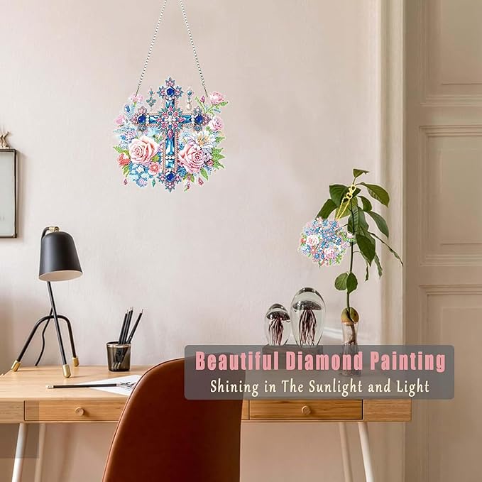 Masendp Easter Diamond Painting Hanging Decoration Kit, DIY Cross-Shaped Special Rhinestone Window Hanging Kit, Suitable for Home and Garden Wall Decor Gifts