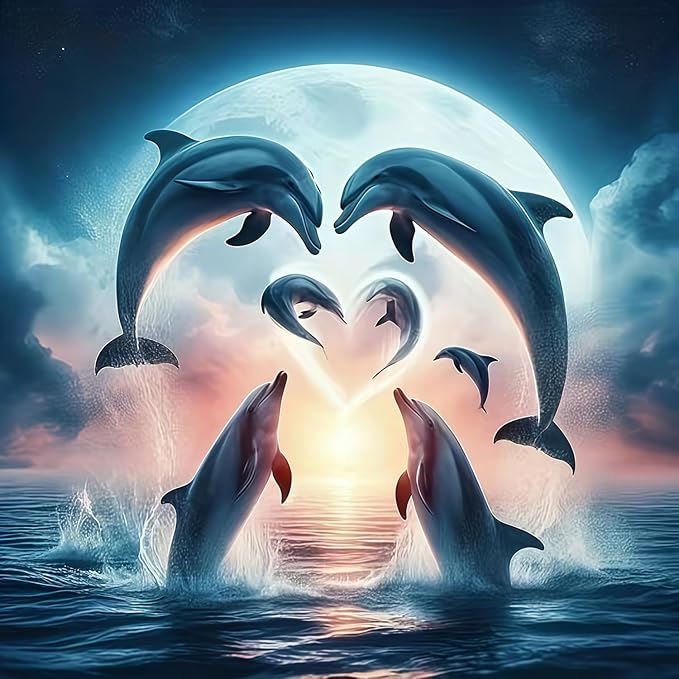 CHWGLFGG 5D Diamond Art Kits for Adults Beginners, Dolphins Love Diamond Painting Kits, DIY Full Round Drill Paint by Diamonds Dot Gem Art for Adults, Home Wall Decor 13.7X 13.7 Inch