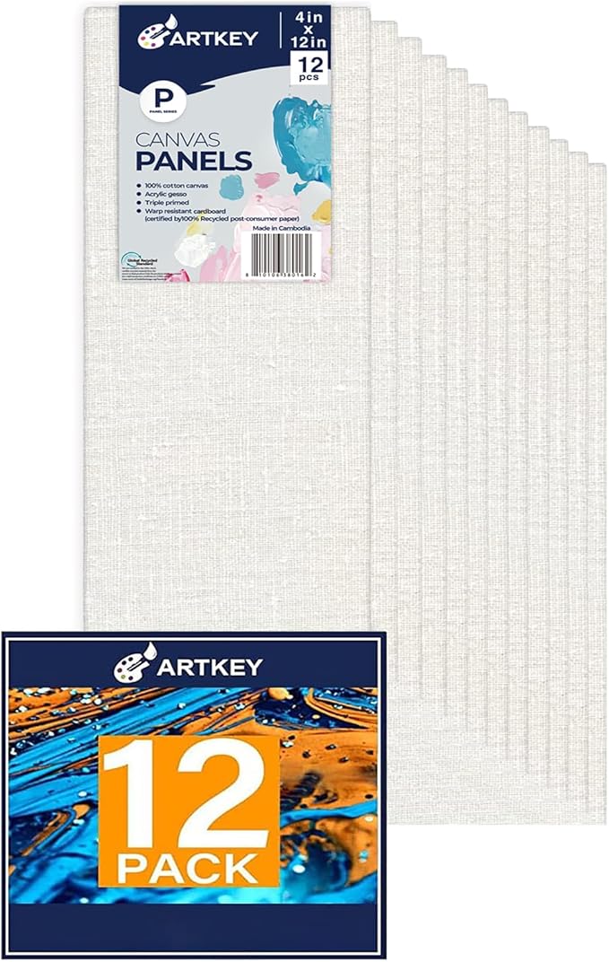 Artkey Canvas Panels 4x12 Inch 12-Pack, 10 oz Primed 100% Cotton White Blank Canvases for Painting, Flat Canvas Boards for Oil Acrylics Watercolor & Tempera Paints