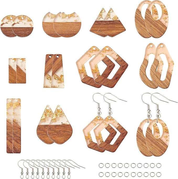 Beadthoven 60pcs Resin Wood Charms Earring Pendants Making Kit Gold Earring Charms DIY Boho Wood Blanks Rectangle Round Teardrop Geometry Resin Wooden Pieces for Jewelry Making with Earring Hooks