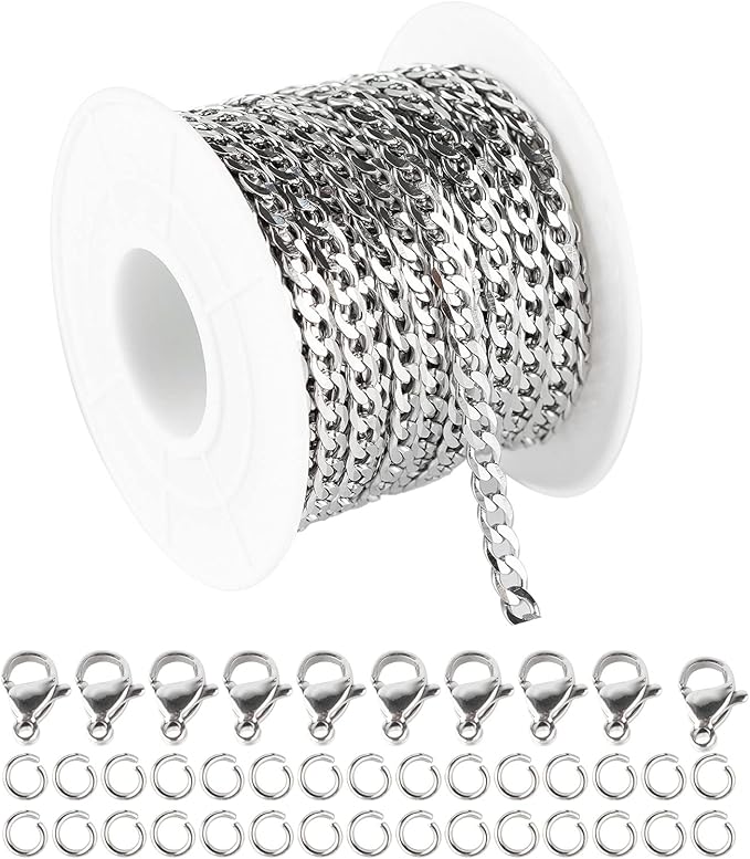 YOUBEIYEE 33 Feet Silver Stainless Steel Chain Link Curb Cuban Chains Spool Bulk with Jump Rings Lobster Clasps for DIY Jewelry Making Necklaces Chokers Findings Bracelets Anklets