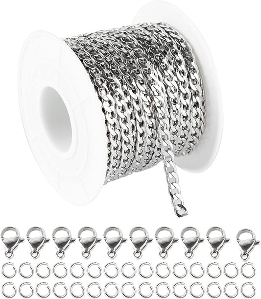 YOUBEIYEE 33 Feet Silver Stainless Steel Chain Link Curb Cuban Chains Spool Bulk with Jump Rings Lobster Clasps for DIY Jewelry Making Necklaces Chokers Findings Bracelets Anklets