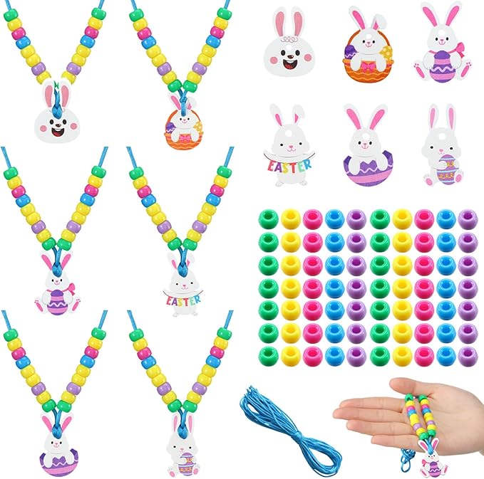 Ecally 24 Sets Easter Crafts Bunny Beaded Necklaces Crafts Kit DIY Make Your Own Rabbit Necklaces for Easter Art Activity Project Party Favors Supplies Spring Decoration