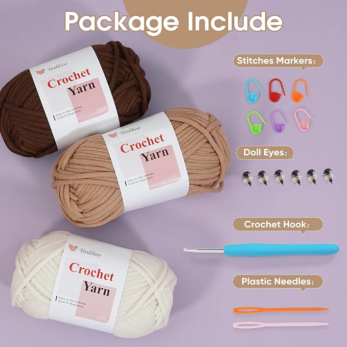 Easy Crochet Yarn for Beginners, 3 Pack × 1.8 oz Beginner Yarn for Crocheting & Knitting Thick and Soft, Owl Amigurumi Crochet Kit with Video Tutorials, Easy-to-See Stitches, Worsted Medium # 4