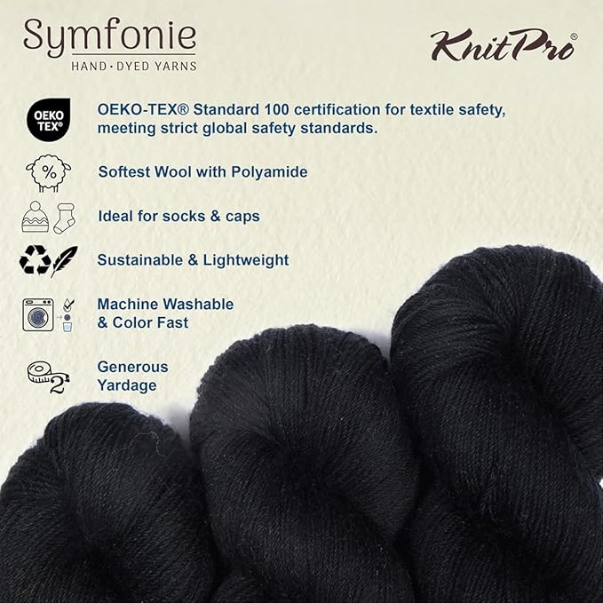KnitPro Symfonie Fingering Weight Hand Dyed Semi-Solid Yarn Skein | Extra Fine Merino Wool & Polyamide Blend for Knitting & Crocheting, Oeko-TEX Certified 400m, 100g | Terra Jet Black