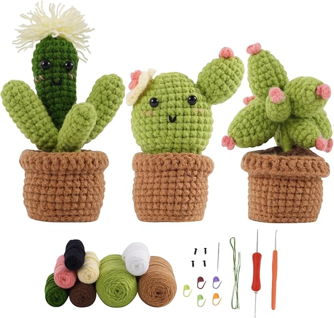 FLORALUNA Crochet Kit for Beginners – DIY Crochet Plants & Succulents Set with Yarn, Hook, Patterns – Make Crochet Hanging Plant Decor, Fake Plants for Home, Gift for Craft Lovers (3 PCS)