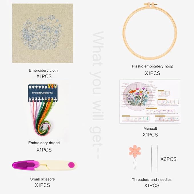 MAMUNU Embroidery Kit for Beginners Adults, Cross Stitch Kits, Stamped Cross Stitch Kits, Flower Embroidery Kit with Printed Embroidery Cloth, Embroidery Hoop, Color Threads and Tools