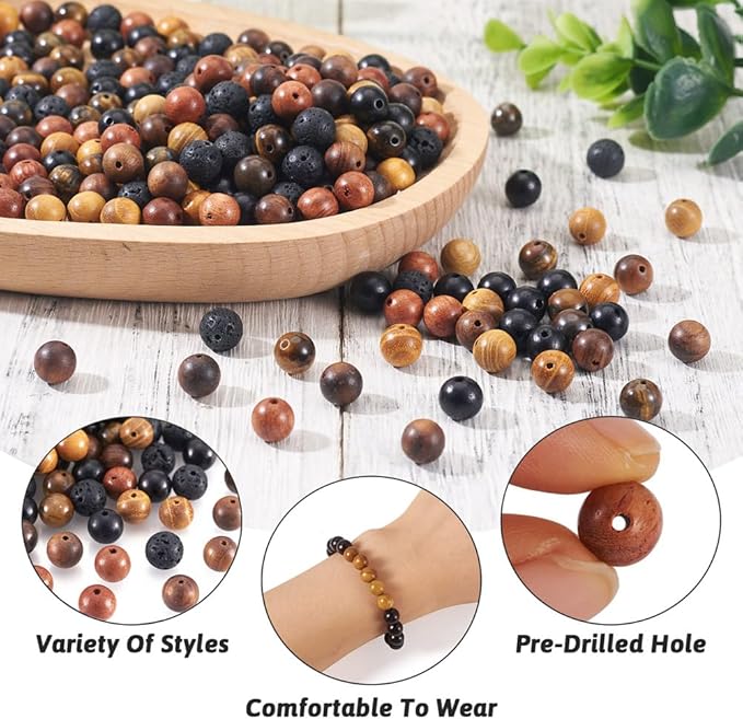 KISSITTY 300Pcs 6 Style Natural Wood Round Gemstone Beads Kit for Easter 8mm Lava Rock Bead & Grade AB Tiger Eye Wood Bead Natural Polished Wooden Ball Loose Beads for Men Bracelet Jewelry Making