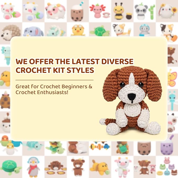 Mewaii Crochet Kit for Beginners Level 2 with 40% Extra Eco-Friendly Pre-Started Easy Yarn, Step-by-Step Video Tutorials for Adults and Kids (Sitting Puppy)