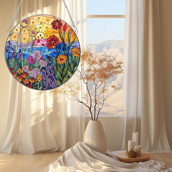 hyzsj DIY Hanging Diamond Art Pendant Painting Kit Landscape Sunset Flower, Special Crystal Gem Craft Painting Kit Ornament 9.4x9.4inch