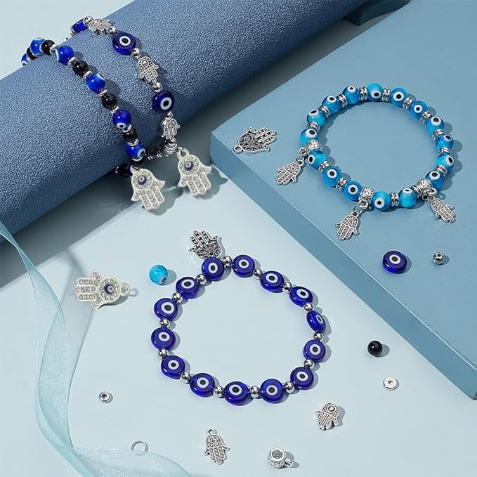 SUNNYCLUE 1 Box 240Pcs 6 String Evil Eye Bracelets Making Kit 8mm/10mm Evil Eye Beads Bulk Lampwork Glass Beads Blue Hamsa Hand Charms for Jewelry Making Kits Women Adults DIY Bracelets Crafts