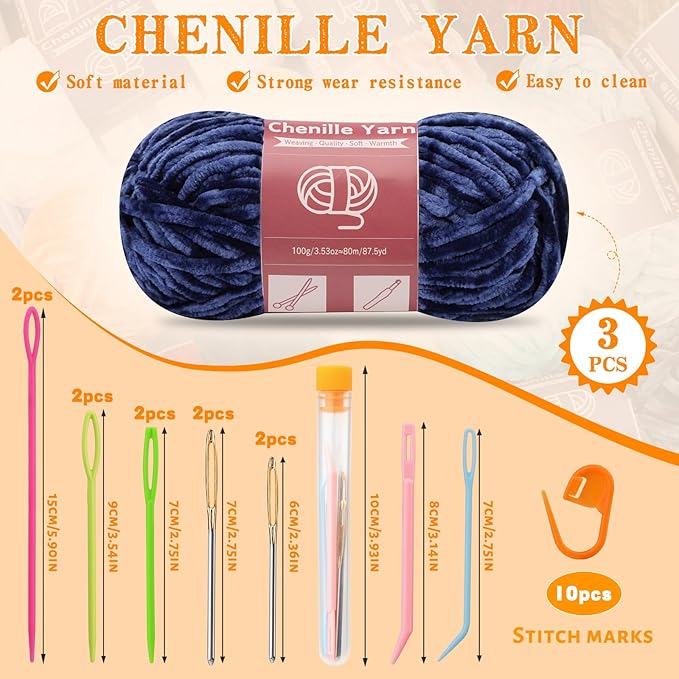 LUNARM Chenille Yarn for Crocheting Knitting, 3 Skein 263 Yard Thick Soft Chunky Fluffy Weaving Plush Yarn for Blankets Clothes Pattern Creations with Big Eye Needles (Dark Blue)