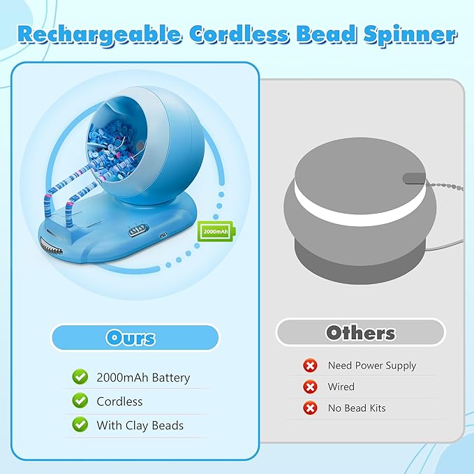 ETUDAW Clay Bead Spinner for Jewelry Making, Rechargeable Cordless Electric Bead Spinner, 4500PCS Clay Bead Bracelet Making Kit with Dual Needles and Adjustable Speed for Holidays, Birthdays (Blue)