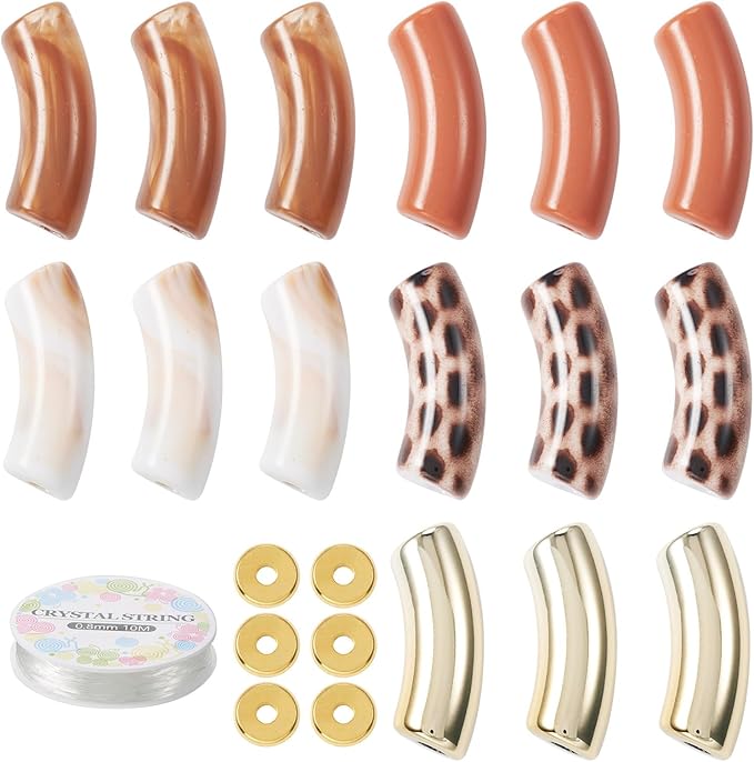 Crafans 40Pcs Acrylic Curved Tube Beads Brown Leopard Print Large Hole Twist Tube Beads with Elastic Thread Bracelet Making Kit for Crafts DIY Bamboo Bangles Jewelry Making Supplies
