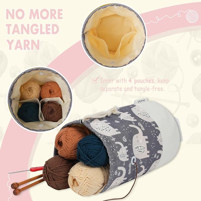 Small Crochet Bag Organizer, Drawstring Storage Knitting Bags, Portable Mini Elephant Yarn Holder for Crocheting Project, Store Skein Ball, Needles Accessories