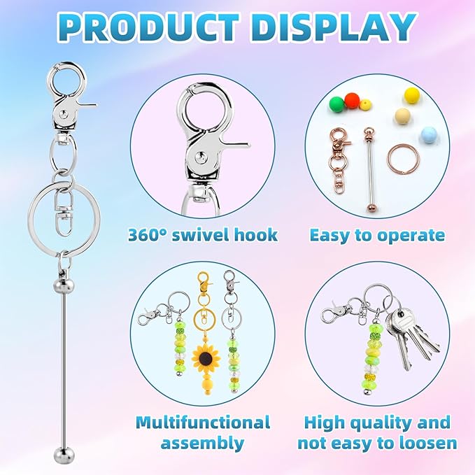 80 Pcs Beadable Keychains Bulk Kit – DIY Keychain Making Supplies with Metal Blanks for Crafts, Jewelry, Charms, Custom Projects – Blank Chain Bars for Beaded Keychain Design (Multicolor)