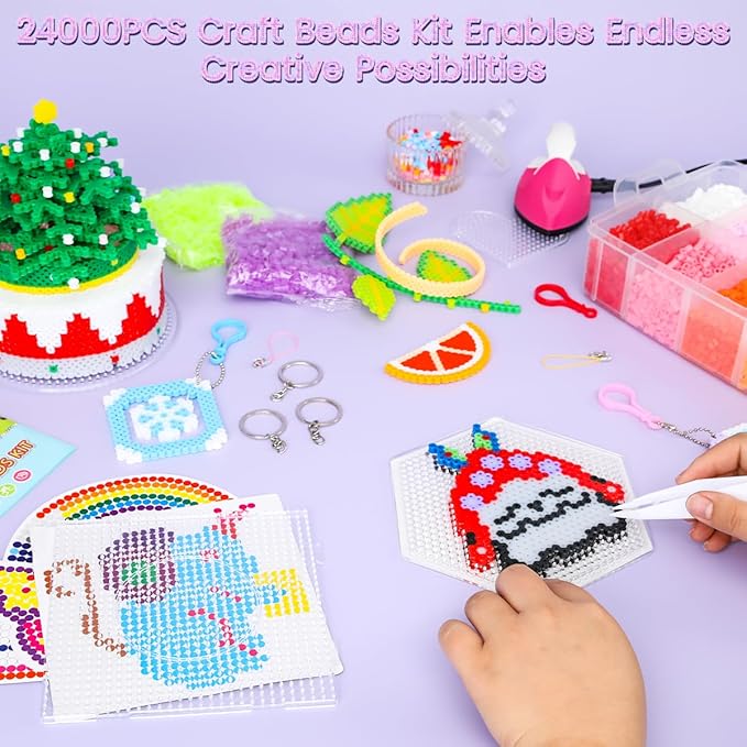 meland fuse beads with mini iron - 24,000pcs beads for crafts for girls age 3-12 year old, 24 color 5mm melty bead set, art & craft kit for girls gift idea for birthday christmas