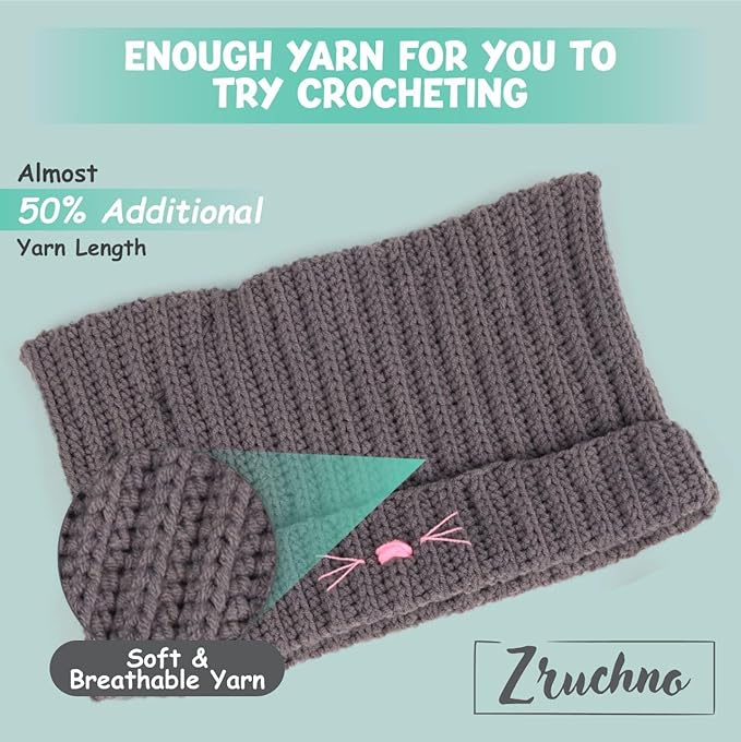 Hat Beanie Crochet Kit, Crochet Kit for Beginners, Step-by-Step Video Tutorials and Detailed Instruction, Complete DIY Learn to Crochet, Crochet Starter Kit with Yarn Hook All Accessories, Cat Ear Hat