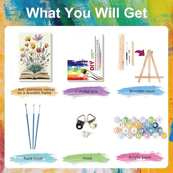 xackcme Book Paint by Numbers for Adults with Framed Canvas - with Wooden Easel, Flowers Paint by Number on Canvas, DIY Books Acrylic Oil Painting Kits with Brushes for Home Wall Decor (8x12 inch)