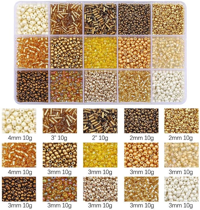 Mix 15 Color Glass Seed Tube Beads Glass Bugle Beads Loose Kit for Jewelry Making DIY Craft Beading (Mix 15 Color, Gold)