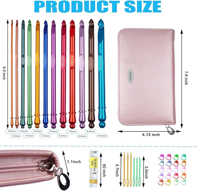 Mdoker Latest Inline Crochet Hook Set with Case Aluminum Ergonomic Crochet Hooks,Non-Slip Hooks for Arthritic Hands,Nice Gift for Women,3mm-10mm