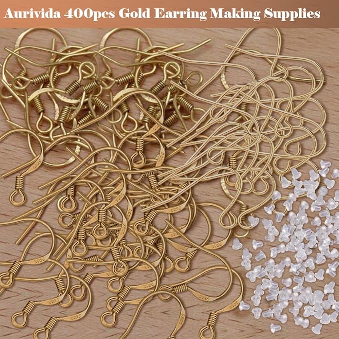 14k gold earring hooks hypoallergenic 200pcs ear wires + fish hooks jewelry making supplies findings nickel-free with 200pcs clear rubber earring backs for diy jewelry
