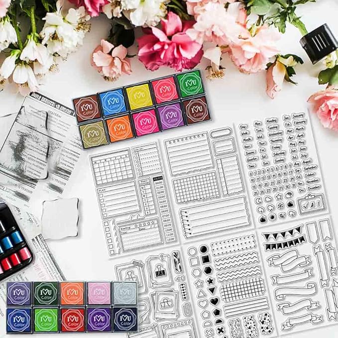 29 Pcs Journal Stamps for Crafting Card Making Supplies Set Include 3 Acrylic Clear Stamp Blocks, 6 Clear Silicone Stamps Seals, 20 Craft Ink Pads Calendar Planner Stamp for DIY