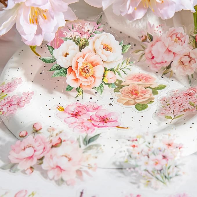 TIAMECH Pink Garden PET Stickers - 180 Pcs Cherry Lilac Peony & Tulip Rose Wildflower Design, Waterproof Sticker for Journaling & Scrapbooking, Junk Journal Supplies, Ephemera & DIY Crafts