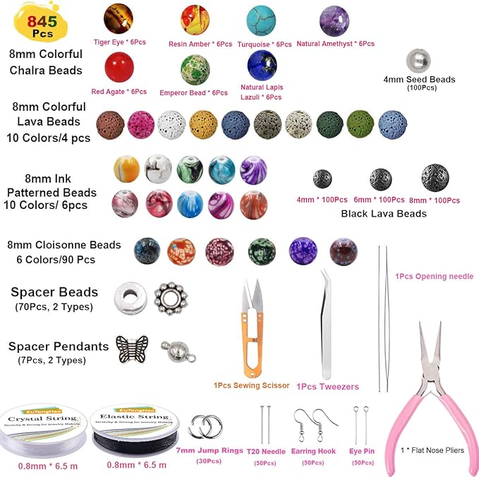 EuTengHao 846Pcs Lava Stone Beads Rock Loose Beads Cloisonne Beads Kit with Ink Patterns Chakra Beads Spacer Pendants Beads for Diffuser Essential Oils Adult DIY Bracelet Jewelry Making Supplies
