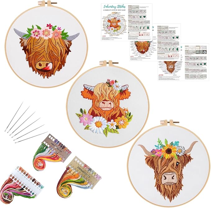Louise Maelys 3 Sets Highland Cow Embroidery Kits for Beginners,Cross Stitch Kit for Adults,Starters DIY Needlepoint Including Embroidery Hoop Cloth Needles Instruction and Threads