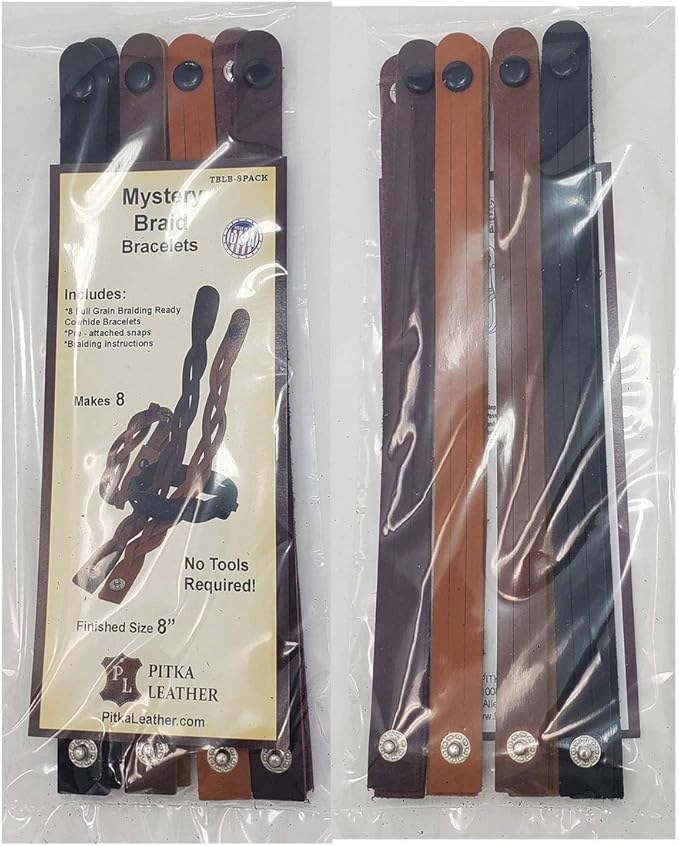 PITKA LEATHER Mixed Colors Mystery Braid Leather Bracelets Kit - 8 Leather Bracelets Braiding Ready 2 of Each Color - Made in USA