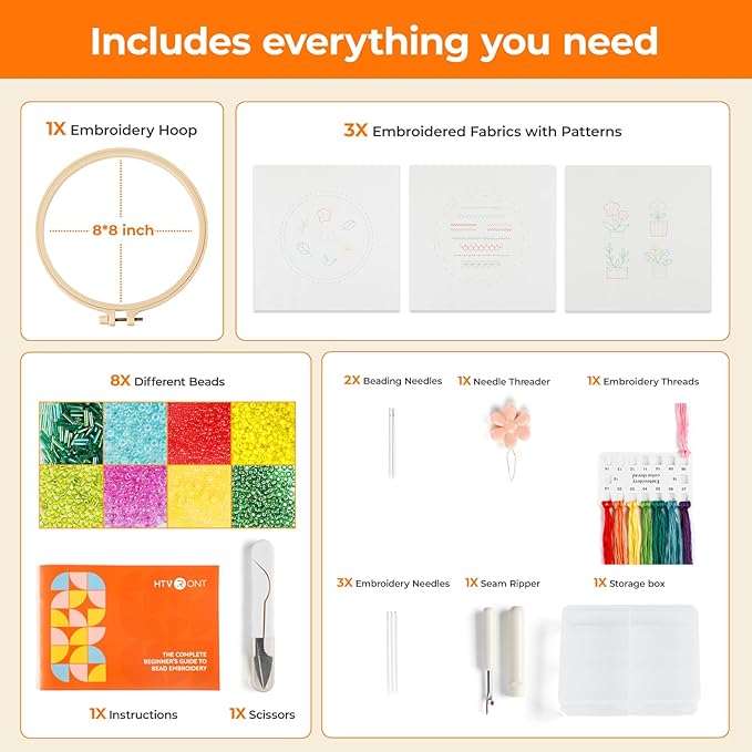 HTVRONT Sparkling Bead Embroidery Kit for Beginners- 3 Sets Complete Embroidery Kits with Step by Step Stitch Video & Instruction, Starter Embroidery Kit with 11 Stitches for Christmas Gifts for Woman