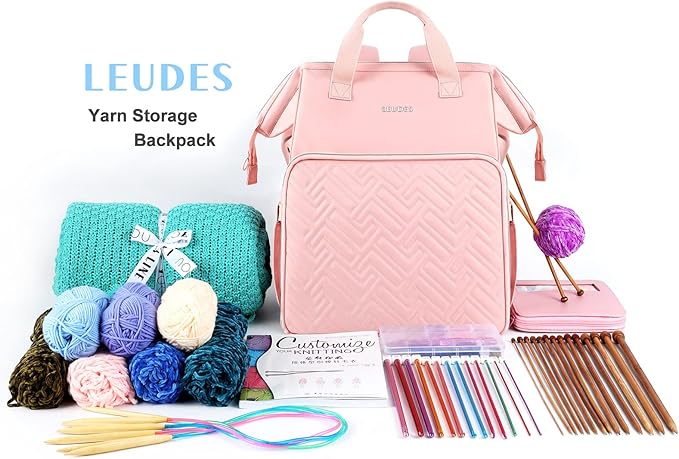 Leudes Knitting Bag Backpack,Yarn Storage Organizer Large Crochet Bag Tote Christmas Gift Yarn Holder Case for Carrying Projects,Knitting Needles (Pink)