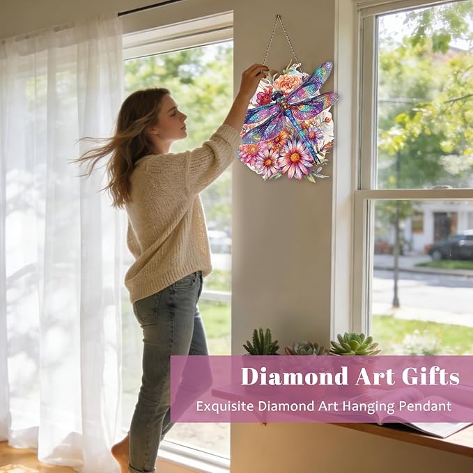 Roneenz Diamond Painting Kits Hanging Pendant, Floral Dragonfly Hanging Diamonds Art kit for Adults, Special Shaped DIY 5D Art Window Decor, Home Garden Room Decor Gifts for Women and Girls