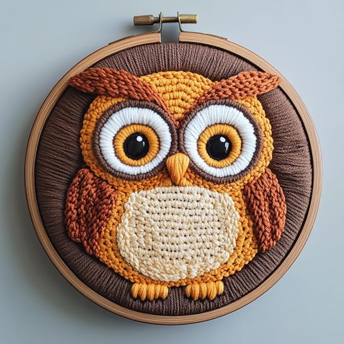 Punch Needle Kits Cute Owl Easy for Beginners DIY Punch Needle Yarn Starter Embroidery Set for Craft Lovers with Printed Pattern and Hoop for Home Decor 20x20cm-1