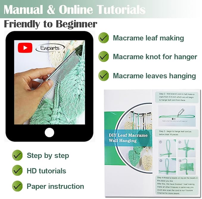Ewparts Macrame Leaf Wall Hanging Kit – 3mm Cord with Fringe Comb, Threader & Leaf Template,Include Step-by-Step Instructions, Complete DIY Wall Decor Set for Beginners, Boho Craft Kit for Adults