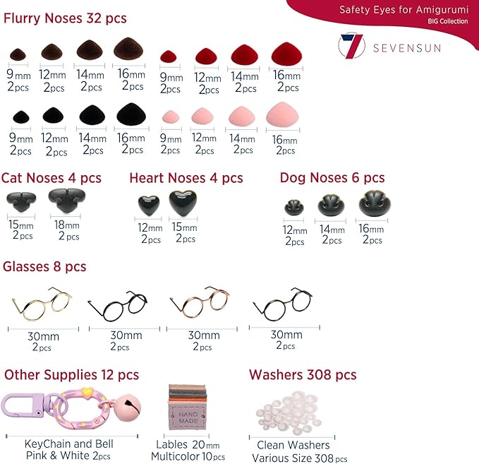SEVENSUN 636 PCS Safety Eyes for Crocheting, Crochet Safety Eyes and Noses for Amigurumi Crochet Animals Craft Doll Eye Glasses