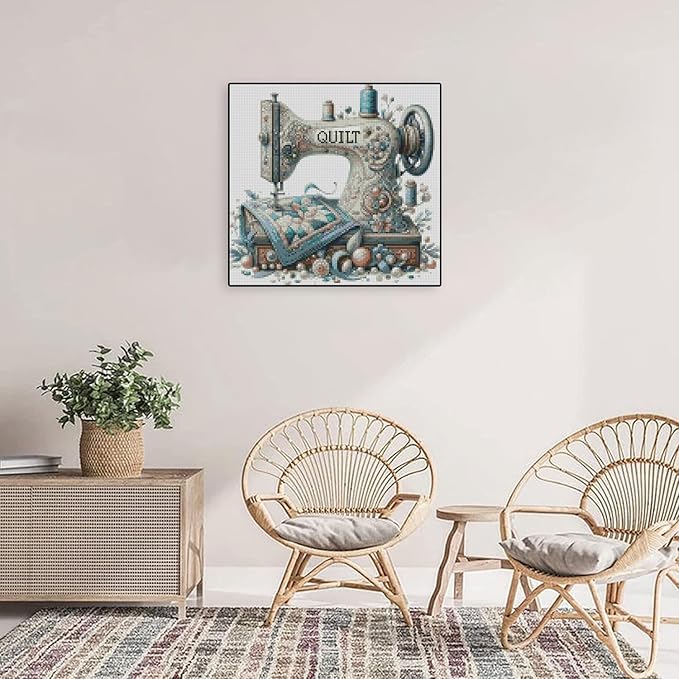 sewing machine stamped cross stitch kits - vintage sewing machine counted cross stitch kits for adults, needlepoint cross-stitch patterns dimensions needlecrafts embroidery kits 13.7x13.7 inches
