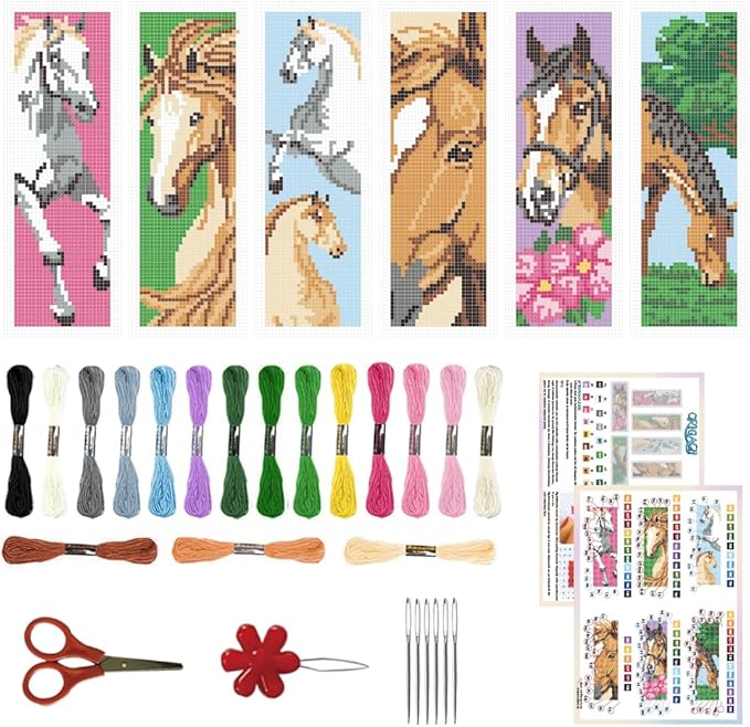 ORIGACH 6 Set Horse Cross Stitch Bookmark Kit for Beginner with Backing Felt Floss Instructions DIY Stamped Embroidery Bookmark Kit for Adults, Book Lovers