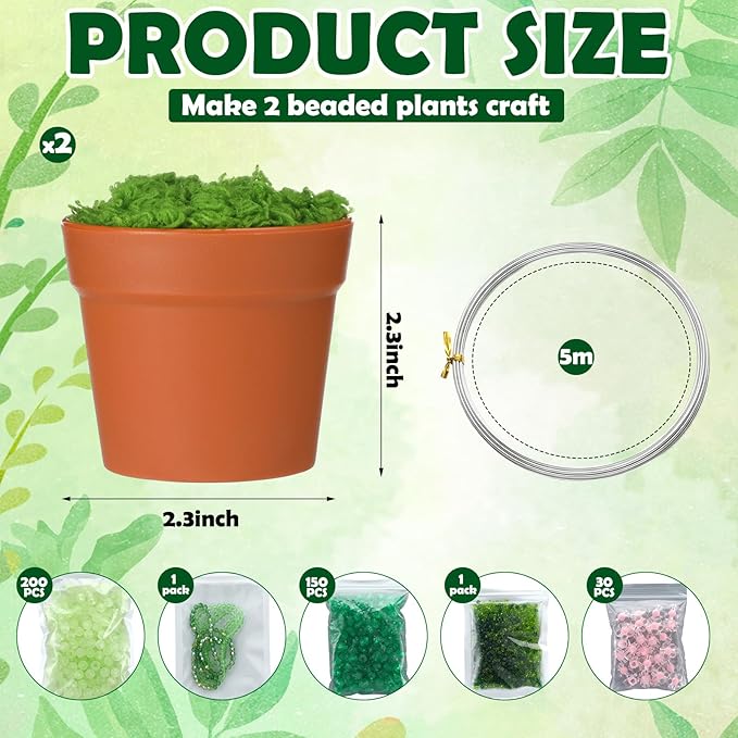 Hoolerry 2 Sets DIY Beaded Plant Kits 2.5 Inch Mini Beads and Planter Making Kit Crafts Desktop Vase Decor Green Beads Succulent Flower Kit Ornaments for Home Decor Plants Lover Handmade Gifts (Brown)