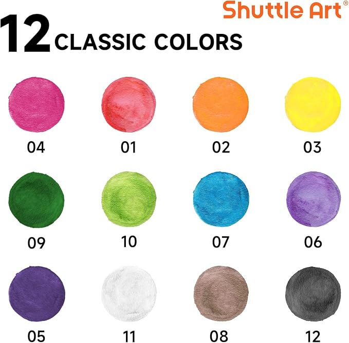 Shuttle Art 30 Pack Watercolor Paint Set Bulk, 12 Colors Watercolor Paint Set bulk with Paint Brushes for Kids and Adults, Washable Paint for Classroom, Parties, Kindergarten and Art Activities
