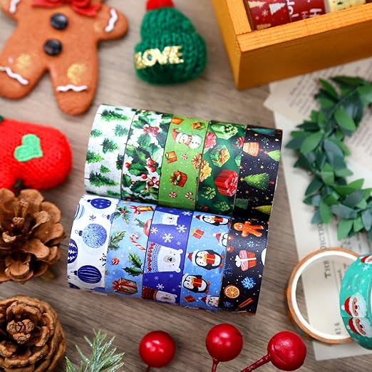 Christmas & Winter Washi Tape Set - 16 Rolls Holiday Decorative Tape for Bullet Journals, Scrapbooking & Gifts (0.6" x 10 ft) - Santa, Tree, Snowman, Penguin, Bear, Red Green Blue