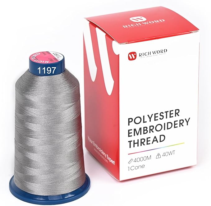 Poolin Embroidery Machine Thread Richword Selected Grey 4000M 40WT Polyester Embroidery Thread – Smooth, Strong Single Spool for Home & Commercial Machines 1197