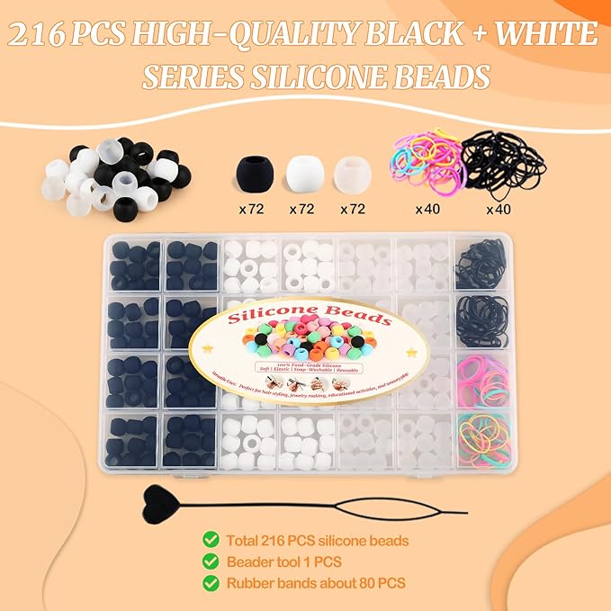 AD Beads 216PCS 6x9mm DIY Soft Pony Silicone Beads for Hair, Black + White Series with 80 Elastic Bands, Tool and Storage Box Kit for Braids, Bracelet, Crafts.